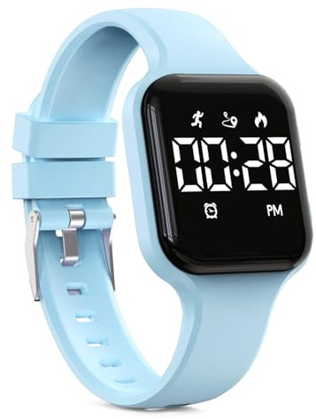 Focwony Montre numérique pour enfants avec compteur de pas, montre de sport étanche avec podomètre, affichage LED, chronomètre pour enfants, garçons, filles, adolescents, bleu clair, taille unique