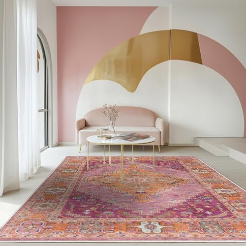Taidianolp Large Rugs Living Room,Multicolour Vintage Floral Fuchsia Pink Orange,Fuchsia,200 x 290 cm,Washable Rugs Low Pile Non Slip Carpet Bedroom Apartment