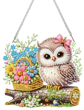 GZYYANG Eule Diamond Painting Anhänger Fensterbilder, DIY Crystal Art Kit | Eule Blumen Diamond Painting Anhänger Set mit Kette, Hängendes Diamant Ornament für Fenster & Garten