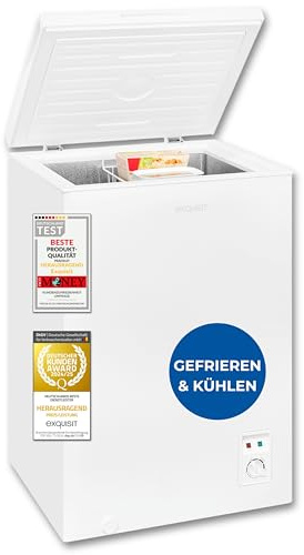 Exquisit GT100-050E Gefriertruhe - 99 Liter 2-in-1 Tiefkühltruhe & Kühlen | Kompakte 4-Sterne Gefrierbox in Weiß, Toplader mit Gefrierkorb, ideal als Zweitgerät für Haushalte, Energieklasse E