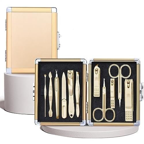 Nagelknipser-Set Maniküre-Set mit luxuriöser Metallbox, 11-teiliges professionelles Nagelknipser-Set, Pediküre-Pflegewerkzeuge – Edelstahl-Pflegeset for Reisen oder Zuhause Maniküre-Pediküre-Set(Gold)