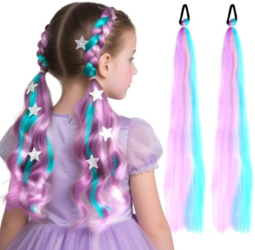 2 Stück Bunte Kunsthaar zum Einflechten 75 cm, Haarsträhnen zum Braiding | Braids Extensions mit Haargummi, Geflochtener Zopf Haarteil für Kinder Party Urlaub Karneval Deko, Pink, Lila und Blau