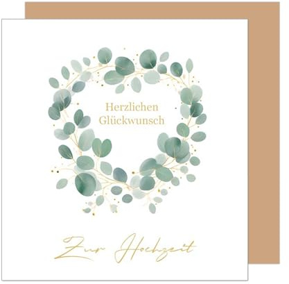 Edition Seidel Premium quadratische Glückwunschkarte zur Hochzeit mit Umschlag. Hochzeitskarte Grußkarte Vermählung Just Married Eukhalyptus Herz (HQ110 SW025)