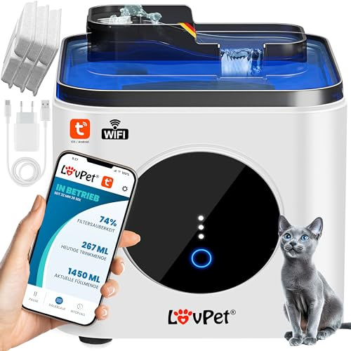LOVPET® Fontana per gatti con serbatoio d'acqua da 3,5 l, fontana automatica per gatti con controllo APP, sistema di filtraggio doppio carbone attivo e pietre filtranti, molto silenziosa, 30 dB
