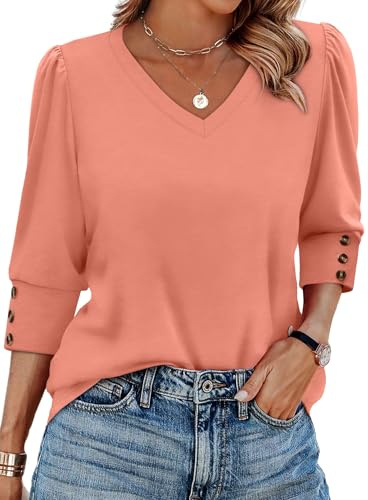 XIEERDUO Womens Tops 3/4 Length Sleeve V Neck Blouse Dressy Casual Everyday | Fall Tops For Women, Business Work Tops, Tunic Blouses, Vacation Blouses, Office Blouses