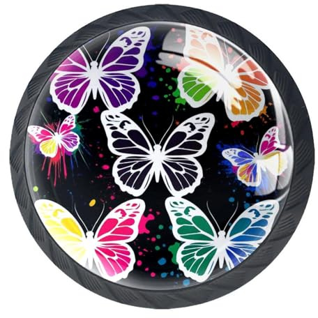 HEOEH 4 Pack Black Cabinet Knobs, Butterfly Paint Round Drawer Hardware for Dresser, Kitchen and Closet with Screws, Cupboard Wardrobe Bathroom Decor, 35mm