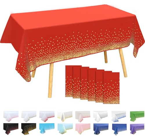 MOMAHUA Lot de 6 Nappes Plastiques à Pois Fond Rouge avec Pois Dorés 137x274 cm – Nappe Rectangulaire Réutilisable pour Fête Anniversaire, Décoration Table Événement Sportif, Imperméable Anti-Taches