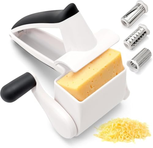 Grattugia per formaggio con manovella – 3 grattugie regolabili per parmigiano e formaggi duri – infrangibile e facile da pulire (bianco)