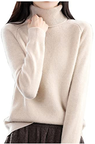TEPTDirio Cashmere Jumpers Ladies Long Sleeve Plus Size Autumn Sweaters Womens Turtleneck Sweaters Ladies Loose Crew Neck Thick Knitted Jumpers Autumn Winter Casual Cotton Tops for Women UK Beige