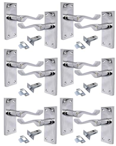 Haven Heritage Victorian Scroll Lever Door Handle on Backplate – Polished Chrome, 118mm x 42mm -Pack of 6 with 63 mm Tubular Latch