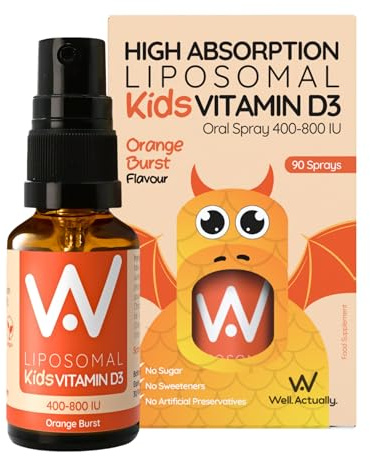 WELL ACTUALLY Kids Liposomal Vitamin D3 Spray 400 IU - Vegan VIT D Spray for Children - Immune System, Bones & Teeth Support - High Bioavailability Supplement, 90 Sprays | Orange Burst