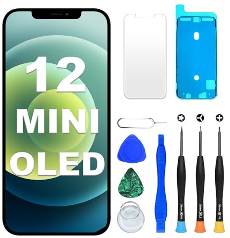 DIGI4U Écran pour iPhone 12 Mini OLED, 5,4 FHD Remplacement d’Écran avec 3D Touch Retina Display Compatible Face ID et True Tone, Assemblage Digitizer avec Kit d’Outils de Réparation