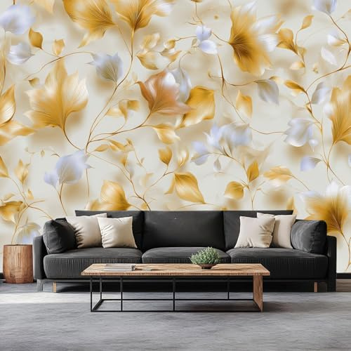 Genérico Papel Pintado Panorámico Hoja Oro Flores Plantas, Oro Fotomurales Tejido No Tejido - Grandes Personalizado Paredes Póster 200 x 140 cm para Salón Dormitorio Oficina Decoración