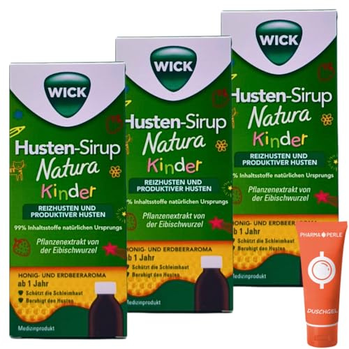 WICK Husten-Sirup Natura Kinder 3x 140 ml I Pflanzlicher Sirup bei Reizhusten & produktivem Husten I Mit Eibischwurzel I Honig-Erdbeer Geschmack I ohne Alkohol I Spar-Set plus Pharma Perle give-away