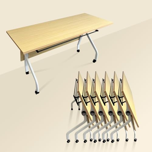 Klapptisch, moderner Klappkonferenztisch mit Rollen, rechteckiger Besprechungstisch mit Klappplatte, Metallgestell und Naturholz-Finish für Schulungs- und Sitzungsräume