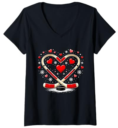 Donna Bastoni da Hockey a Forma di Cuore, per San Valentino, per Uomini e Donne Maglietta con Collo a V