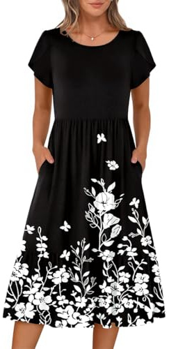 ROFUSSO Vestido de Verano Bohemio Floral de Manga Corta para Mujer Vestido de Playa Midi Informal con Cuello Redondo y Bolsillos