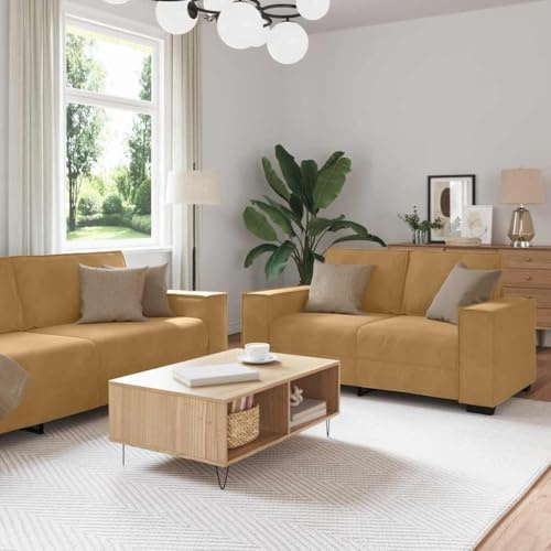 3-tlg. Sofagarnitur mit Kissen Braun Samt, Polstergarnitur Wohnzimmer Set, Modernes Sofa Set mit bequemer Sitzfläche, robustem Holz-Metall-Gestell und breiten Armlehnen für Wohnbereich und Büro