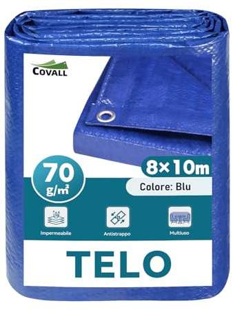 COVALL Telone Impermeabile 70g/mq - Telo con Occhielli in Alluminio - Antistrappo per Esterno, Piscina Fuori Terra, Giardino e Campeggio - Copertura Multiuso Blu 8x10m