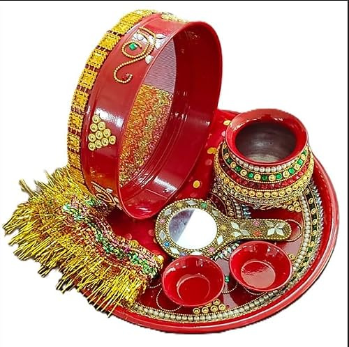 Tarini Gallery Handcrafted Karwa Chauth Thali Set With Bowls and Kalash Decorated Steel Plate Platter with Essential Pooja Articles for Festival Rituals and Gifting (Red)
