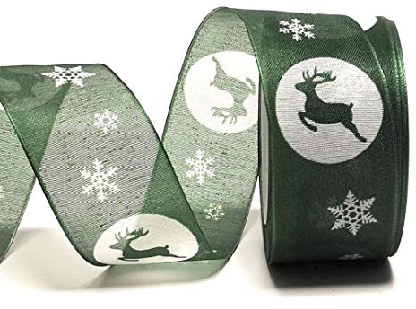 Schleifenband 20m x 40mm Rentier Hirsch Grün - Weiß Weihnachtsband Dekoband