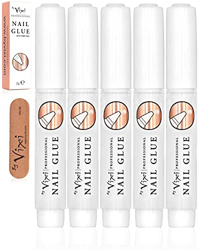 By Vixi 5x 2g COLLA PER UNGHIE ULTRA FORTE con FILE PER PREPARAZIONE GRATUITO Adesivo chiaro, istantaneo asciutto, qualità professionale da salone di bellezza