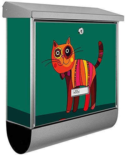 banjado® Burgwächter Briefkasten Edelstahl 38x39x12cm mit Motiv Orange Katze/Briefkasten Edelstahl ohne Zeitungsfach/Briefkasten grau/Postkasten inkl. Montagematerial & 2 Schlüsseln