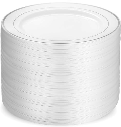 Munfix 100 Silver Plastic Dinner Plates Set, 10.25 Inch Disposable Heavy Duty Fancy Elegant Wedding Party Plates, White with Silver Rim