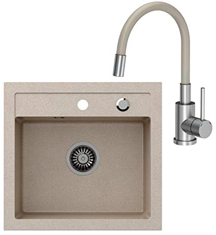 VBChome Fregadero de cocina con grifo de 50 x 47 cm, color beis, empotrable, con sifón