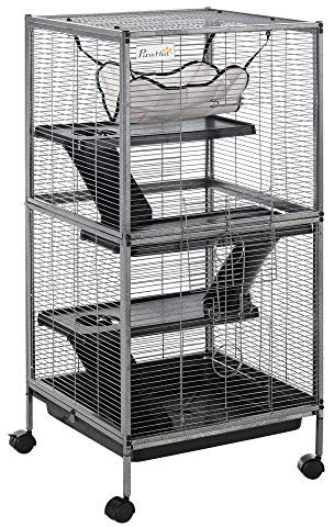 PawHut Gabbia per Piccoli Roditori in Acciaio, Gabbietta per Porcellini d'India e Cincillà con 3 Piani, 4 Ruote, Amaca e Vassoio Rimovibile, 52 x 52 x 113.5cm, Grigio Argento