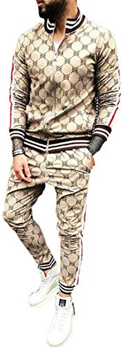 Mens Hip Hop Tracksuit 2 Piece Casual Pants Jacket Sweatsuit Sweatshirt Activewear Set (Khaki,2XL=US L)