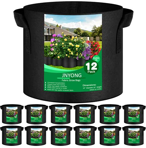 JNYONG 12-Pack 5 Gallon Thickened Non-Woven Grow Bags, Aeration Fabric Pots with Handles