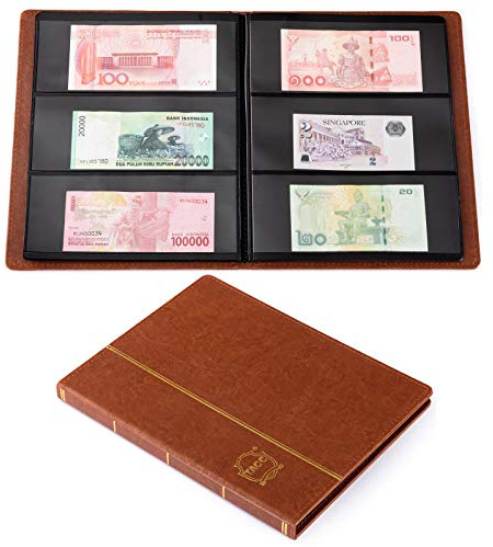 Ettonsun Leather 60-Pocket Dollar Bill Holders for Collectors Paper Money Album Currency Collection Supplies Book Travel Banknote Stamp Storage,Collection Folder for Paper Souvenirs (Brown)