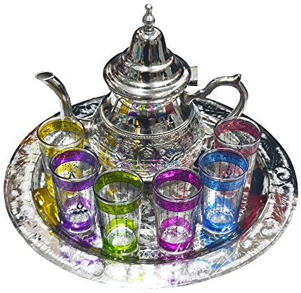 Juego de té marroquí completo para utilizar todos los días: tetera de 1500 ml, bandeja 35 cm más 6 vasos cristal de colores