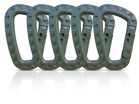 Holesto® Set di 5 Moschettoni in Plastica – Moschettone Nero Tattico Militare – Clip da Esterno Grande – Molle a D – Gancio in Plastica Resistente – Carabiner – 5 Pezzi (Verde)