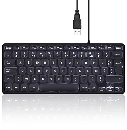 Perixx PERIBOARD-332 Mini USB Wired Backlit Keyboard Slim Design with Bold and Large Printed Keys, White LED Light, French AZERTY