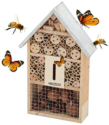 Unibos | Insect Hotel with Leg | Extra Large Nesting Habitat | Eco-Friendly Bug House for Bees Butterflies Insects in Garden | Weather Resistant - Metal Roof | 58 x 39cm (Medium Hotel)