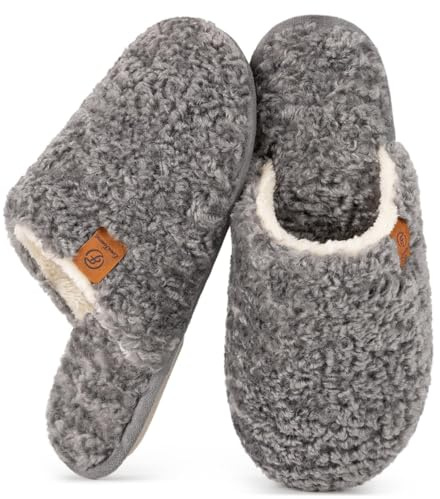 EverFoams Women's Fuzzy Slip-on Slippers Warm Cozy Soft Lightweight Memory Foam Indoor House Shoes Light Gray, 9-10 US