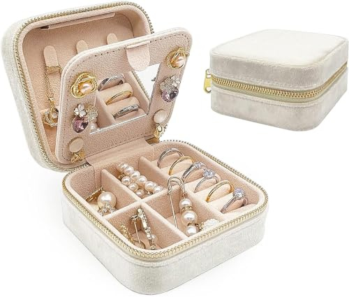 FonVan Litet resesmyckeskrin med spegel, smyckeslåda liten, sammet litet smyckeskrin för kvinnor flickor, mini smycken arrangör förvaring för ringar örhängen (vit/spegel)