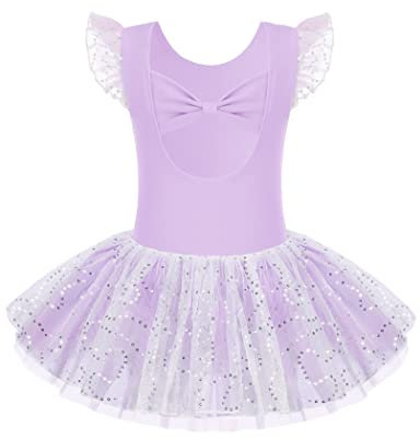 Arshiner Kinder Ballettkleidung Tütü Ballettkleid Mädchen Schleife Baumwolle Balletttrikot kurz Ärmel Ballettanzug Tanzbody mit Glänzender Rock Tütü lila 140