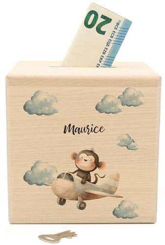 Geschenkfreude Spardose personalisiert mit Namen aus Holz - AFFE Flugzeug | 10x10cm, Holzspardose mit Schloss, UV-Druck Spardosen mit Namen, Geschenk Junge Mädchen Weihnachten, Geschenk zur Geburt