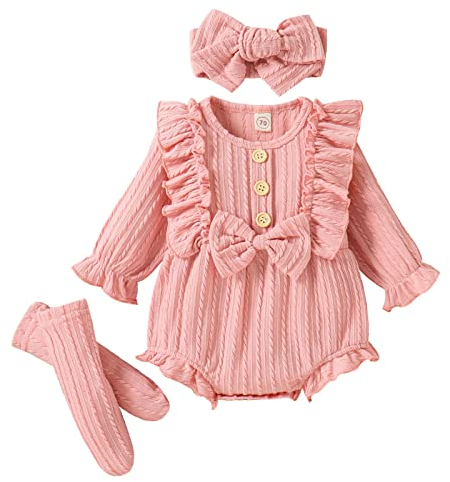Baby Body Girl Rüschen Langarm Bowknot Strampler Bodysuit Stirnbänder Outfits Strampler Bemalen Babyparty (Red, 3-6 Months)