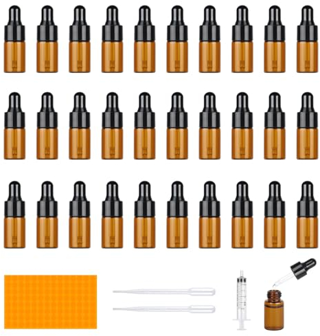 Furuising 30 Stück Mini Pipettenflasche, 3ml Amber Flasche mit Pipette, Kleine Dropper Bottle, Probenfläschchen mit 3ml Bürette, 2ml Spritze für Ätherische Öl, Aromatherapie, Nagelpflegeöl