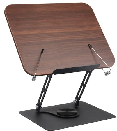 MSDADA Buchständer, Verstellbarer Buchhalter mit 360° drehbarer Basis, Kochbuchständer, Rezeptbuchhalter mit elastischen Seitenklammern für Musikpartituren, Rezepte - Braun