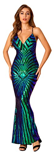 Kleider Damen Festlich Langarm A Linie Paillettenkleid elastische Drillpartys Frauen Mesh sexy V-Ausschnitt heiße Lange Kleidung schlank Bankettkleid Cocktail Kleid Sexy (Multicolor, L)