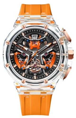 RORIOS Orologio da Polso Moda da Uomo Orologio Speciale Trasparente Orologio Analogico Quarzo Orologio Multifunzionale Cinturino in Gomma Arancia