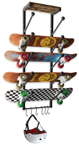 Koutemie Skateboardställ väggmontering med fem lager skateboardstativ för förvaring longboard däckorganisatör, skateboard-väggvisningshängare med 6 krokar för hem eller garage
