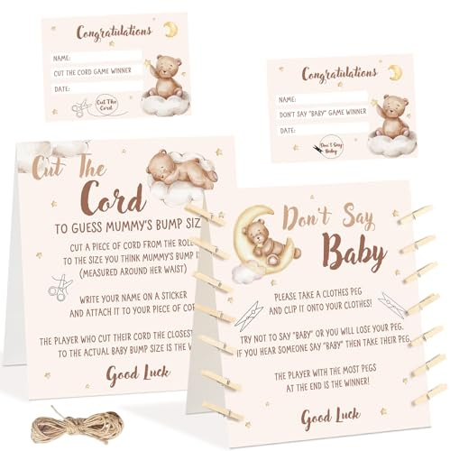 Sinmoe 2 Baby Shower Games for 20 Player | Dont Say Baby and Cut The Cord Games Bear Theme Baby Shower Games, Unisex Gender Reveal Parties and Baby Shower Party Favors