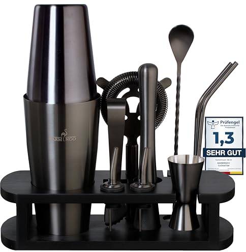 BARMINGO Set da cocktail in acciaio inox, 11 pezzi – 825 ml Boston Cocktail Shaker Set con supporto e accessori bar, set shaker per cocktail | set da bar | set shaker Boston | nero