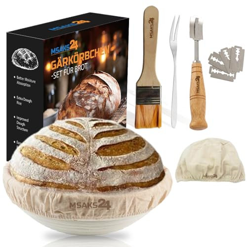 MSAKS24 Premium Gärkörbchen Set für Perfektes Brotbacken – Inklusive Rundes Brotkorb Gärkorb 23cm aus Rattan, Leinenbezug, Pinsel,Brot Gabel & Bäckermesser, Sauerteigbrotkorb Brotformen zum backen